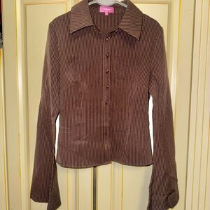 Edikted Brown Ribbed Button-Front Shirt with Point Collar